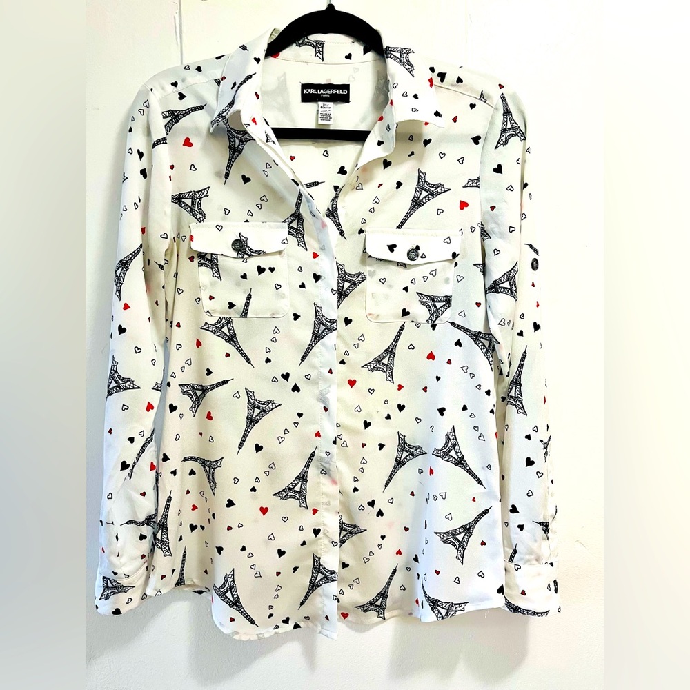 Karl Lagerfeld Paris Hearts Eiffel Tower Button Shirt Womens Size XS